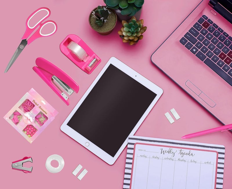 Dimonluce Hot Pink Desk Accessories, Hot Pink Office Supplies Accessories with Tape Dispenser, Stapler, Staple Remover, 1000 Staples, Tape, Clips Set, Ruler, Scissor, Pen - Image 3